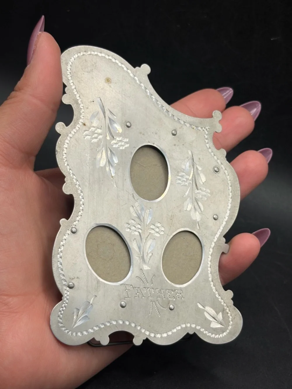 Vintage Art Nouveau Style Silver Tone Metal Floral Father Picture Frame, 3 Photo